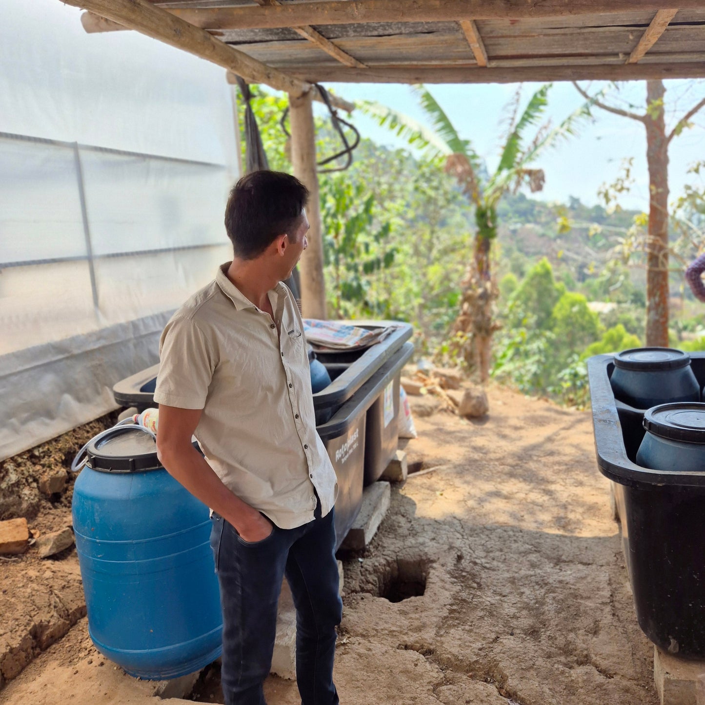 A coffee producer standing in front of his fermenting barrels.