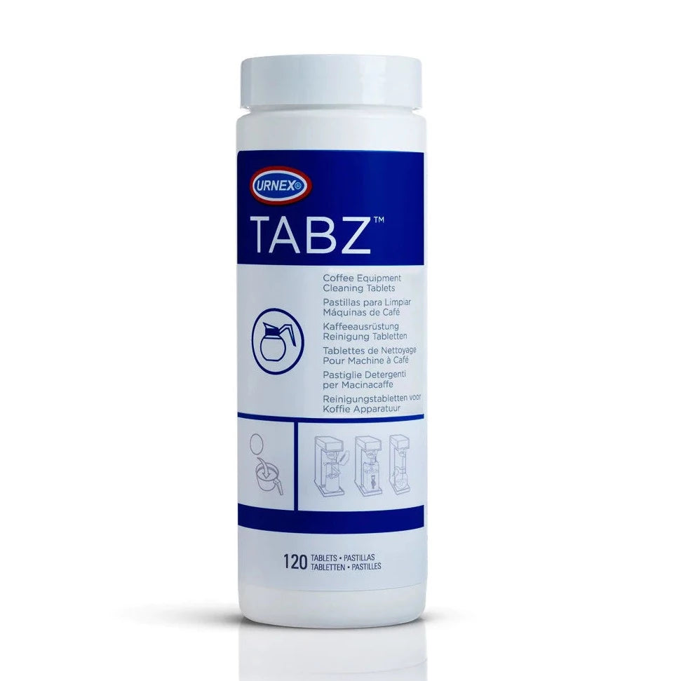 Photo courtesy of Espresso Parts. Image shows bottle of Urnex Tabz.