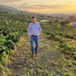Isaias Vargas walks along a path in a lush green coffee farm during a golden hour.