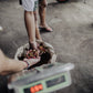 Coffee producer weighing their coffee berries on a digital scale at the mill.