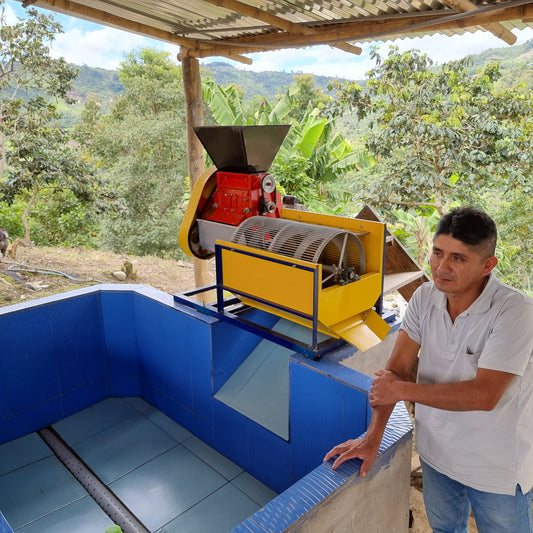 Producer Efrain Carhuallocllo standing next to his depulper.