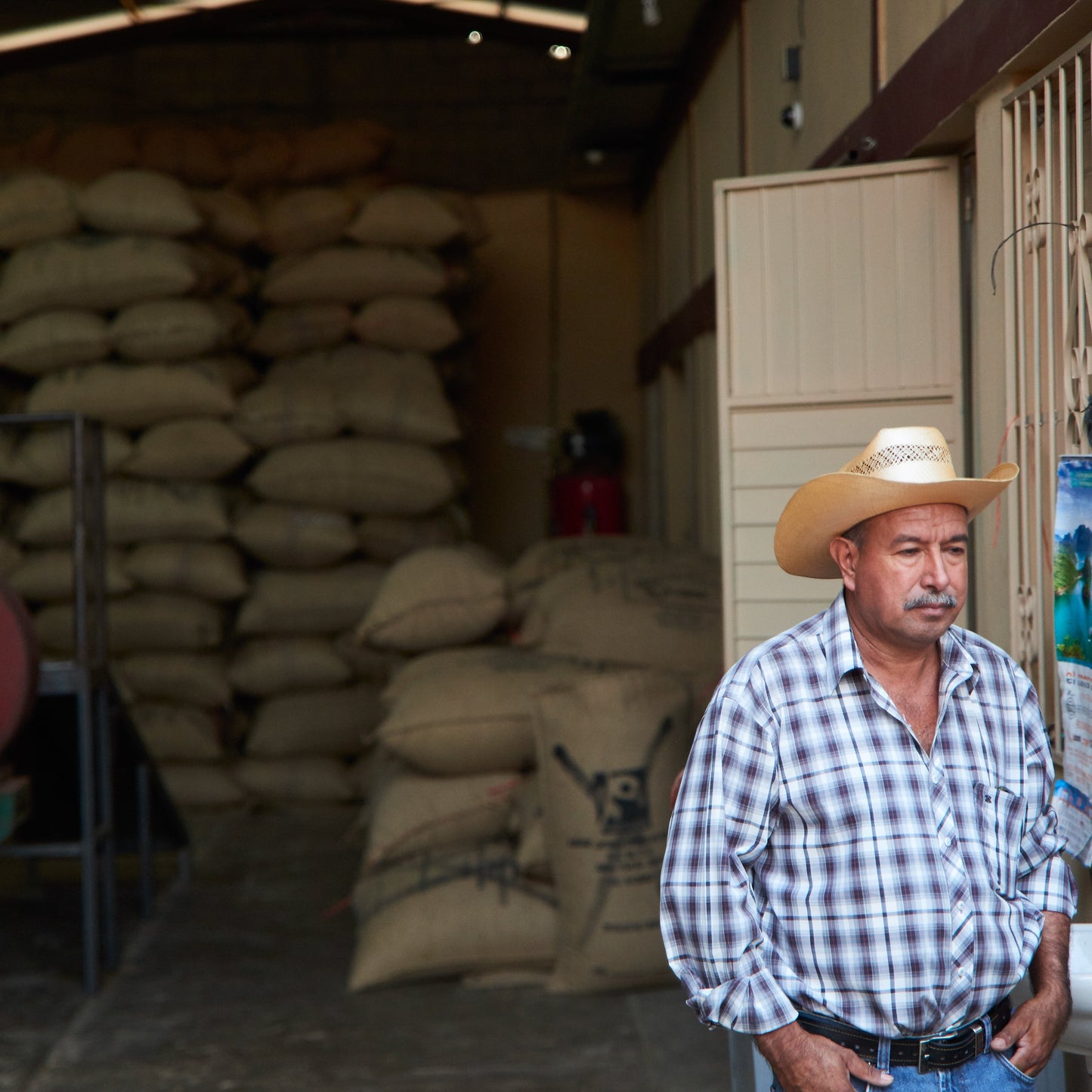 Coffee producer standing in AMSA warehouse in Chiapas, Mexico