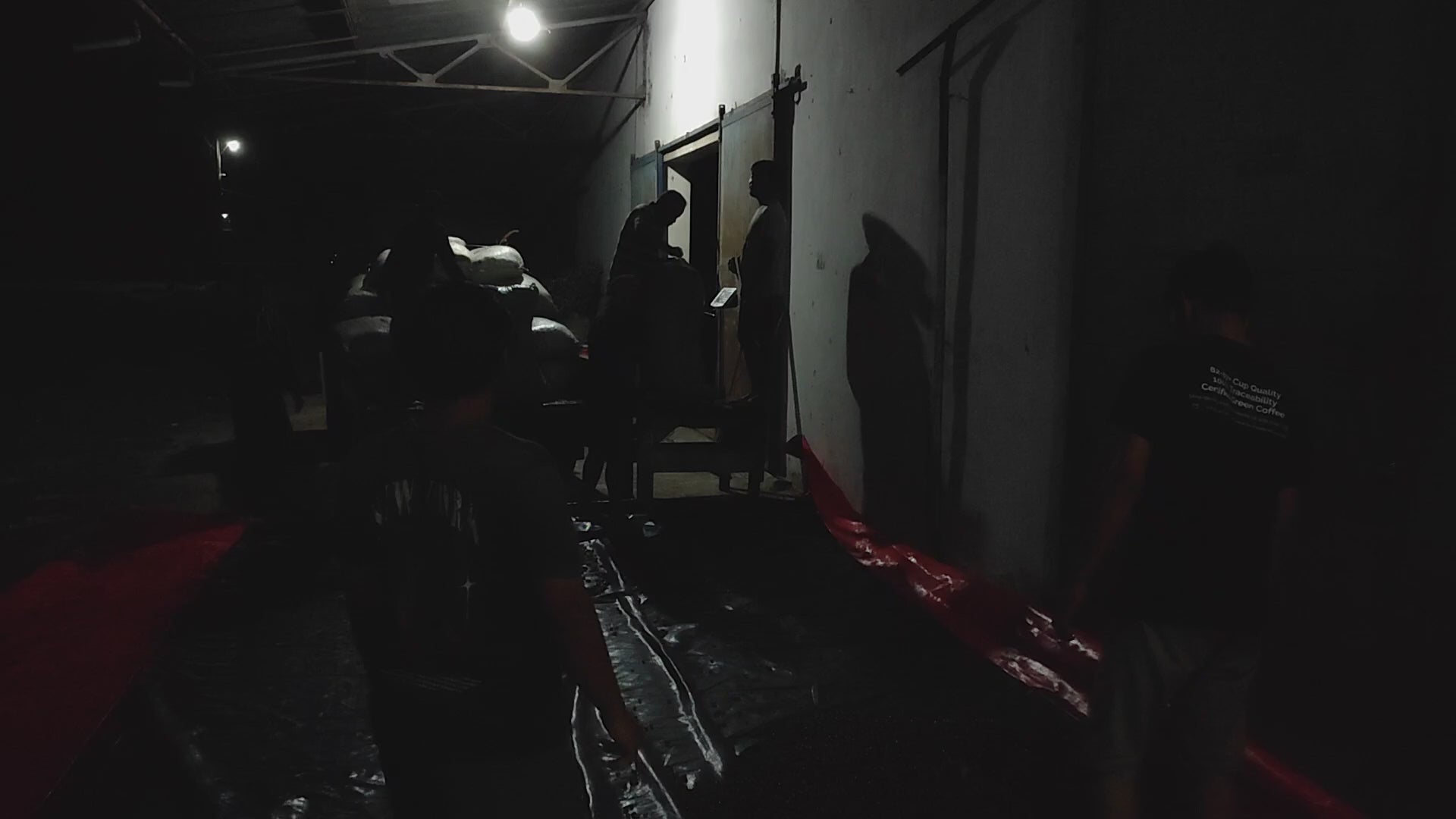 Video starting outside in the dark, then zooming into a mill. A tarp of coffee cherry  sits next to fermentation barrels and in front of a carbon dioxide machine.