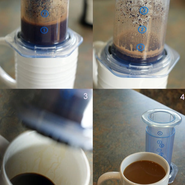 Four photos of an Aeropress being plunged + removed from mug.