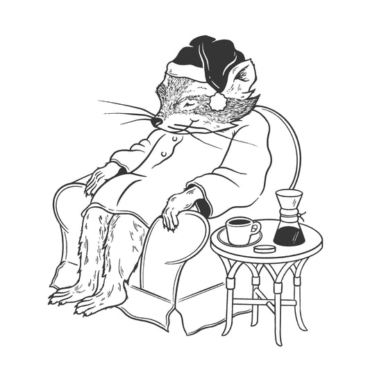 Vignette raccoon in a Santa cap, resting cozily in its arm chair next to a Chemex 3-Cup and mug of coffee